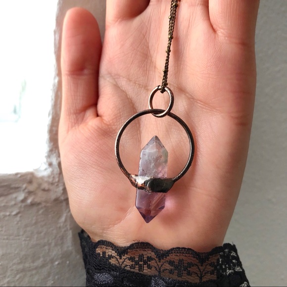 Copper Electroplated Amethyst Point | Antique Brass Chain Necklace - Picture 3 of 6